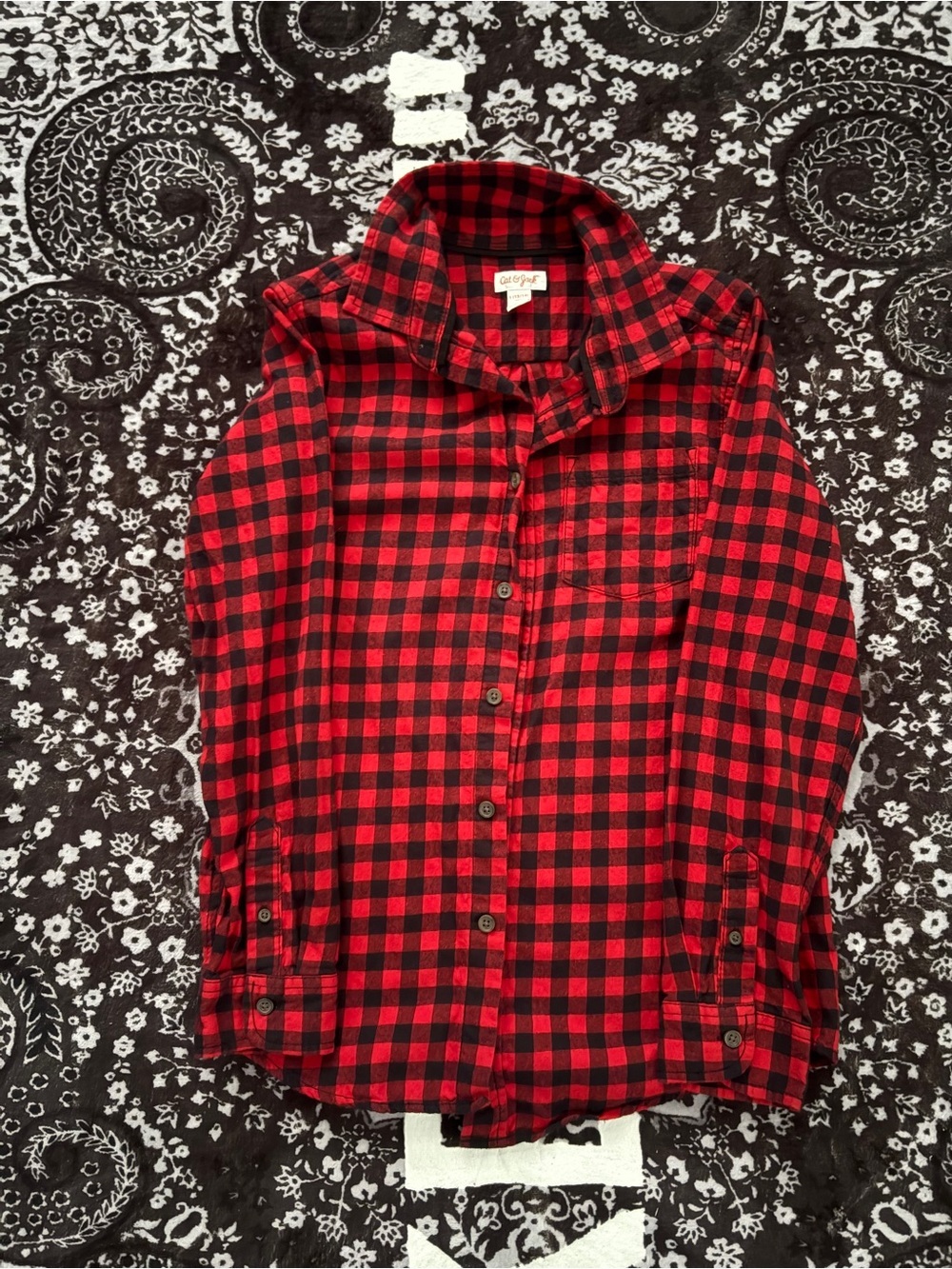 Cat & Jack Red Black Buffalo Plaid Flannel Youth Large Button Up Shirt 12 14